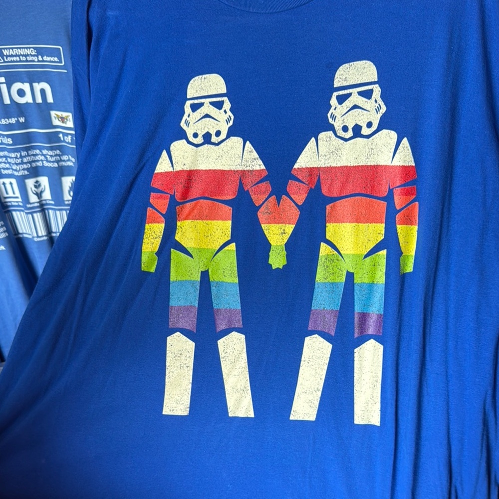 NWOT Amazon Blue Gay Pride Stormtroopers Graphic Tee with Rainbow Design
